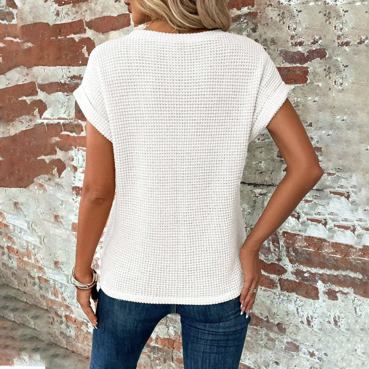 Chic and Comfy: Solid Color Waffle Crew Neck Tee for Women