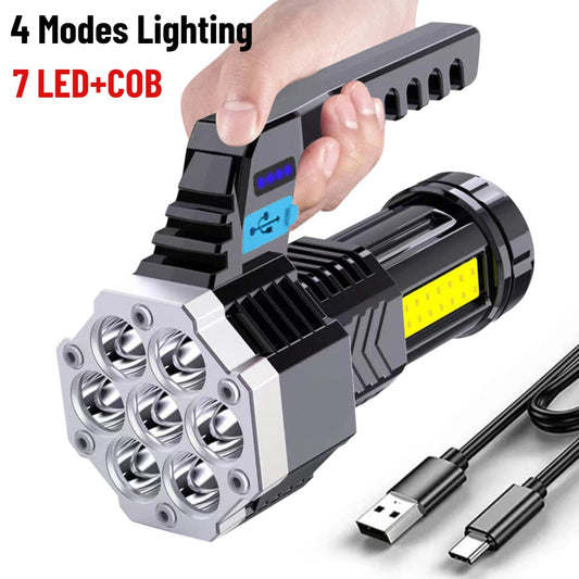 🔦 7 LED Flashlight COB Torch – Rechargeable Waterproof Work Light