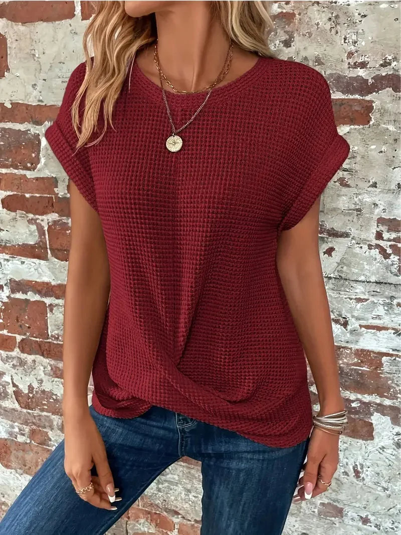 Chic and Comfy: Solid Color Waffle Crew Neck Tee for Women