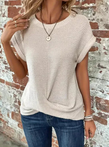 Chic and Comfy: Solid Color Waffle Crew Neck Tee for Women