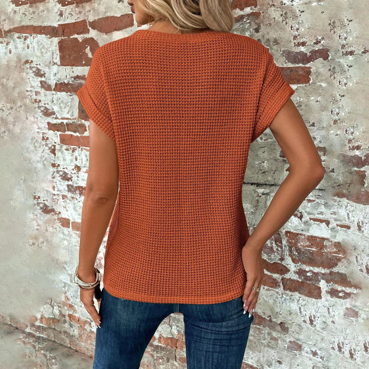 Chic and Comfy: Solid Color Waffle Crew Neck Tee for Women