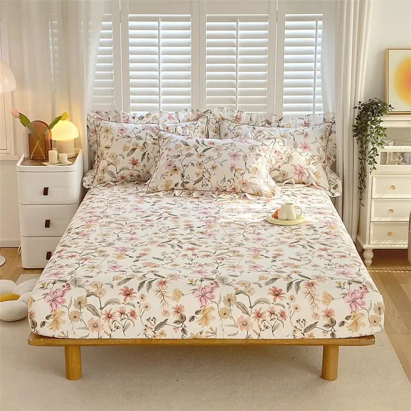 Fitted Sheet Floral Flower Printed Bed Cover Set