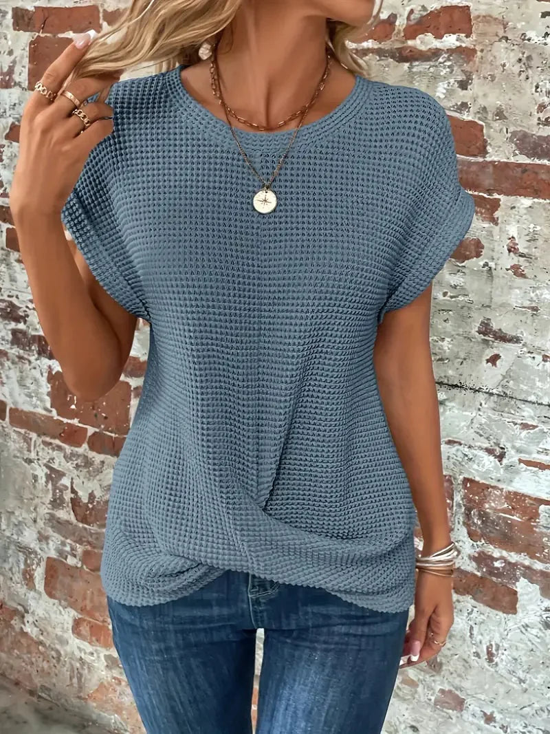 Chic and Comfy: Solid Color Waffle Crew Neck Tee for Women