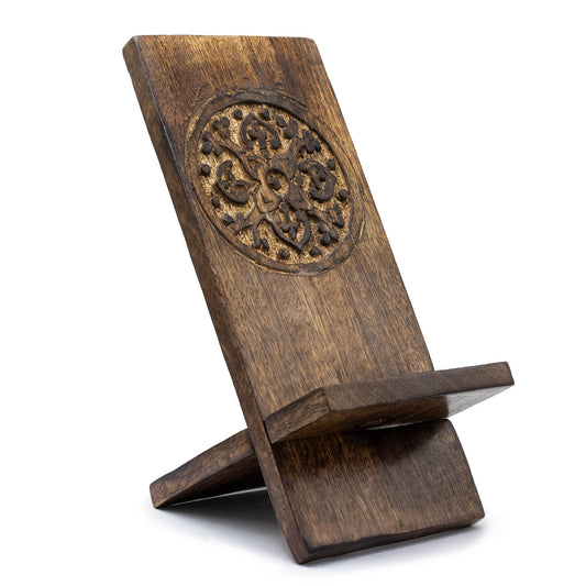🌿 Wooden Carved Phone Stand – Mandala
