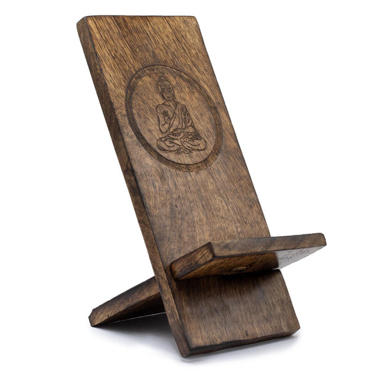 🧘 Wooden Carved Phone Stand – Buddha