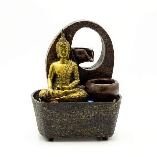 🧘 Tabletop Water Feature – 21.5cm Golden Buddha & Pots