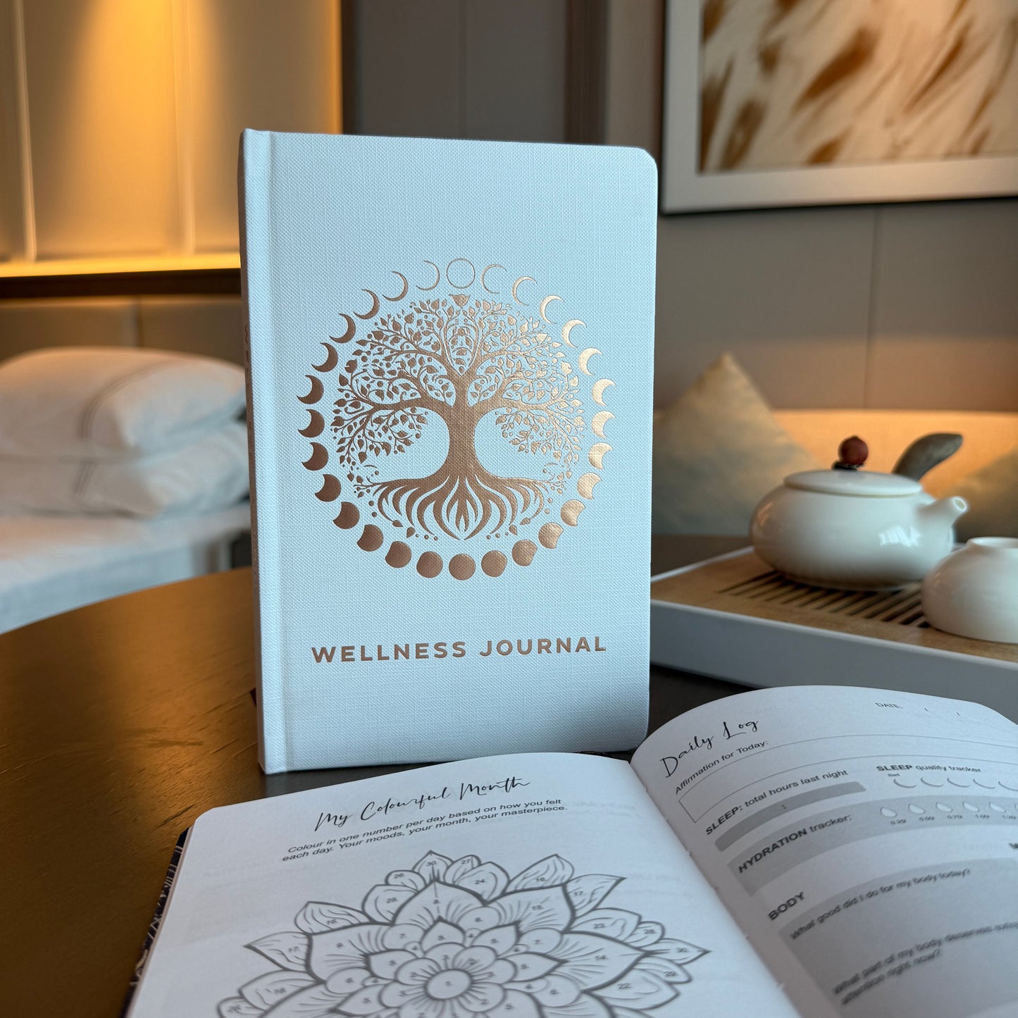 📖 White Wellness Journal – 120 Pages, Rose Gold Tree of Life