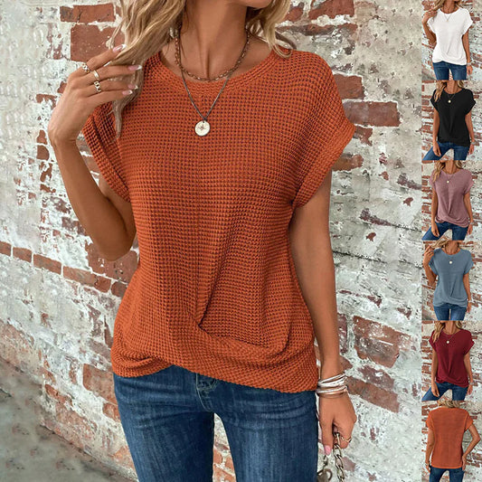 Chic and Comfy: Solid Color Waffle Crew Neck Tee for Women