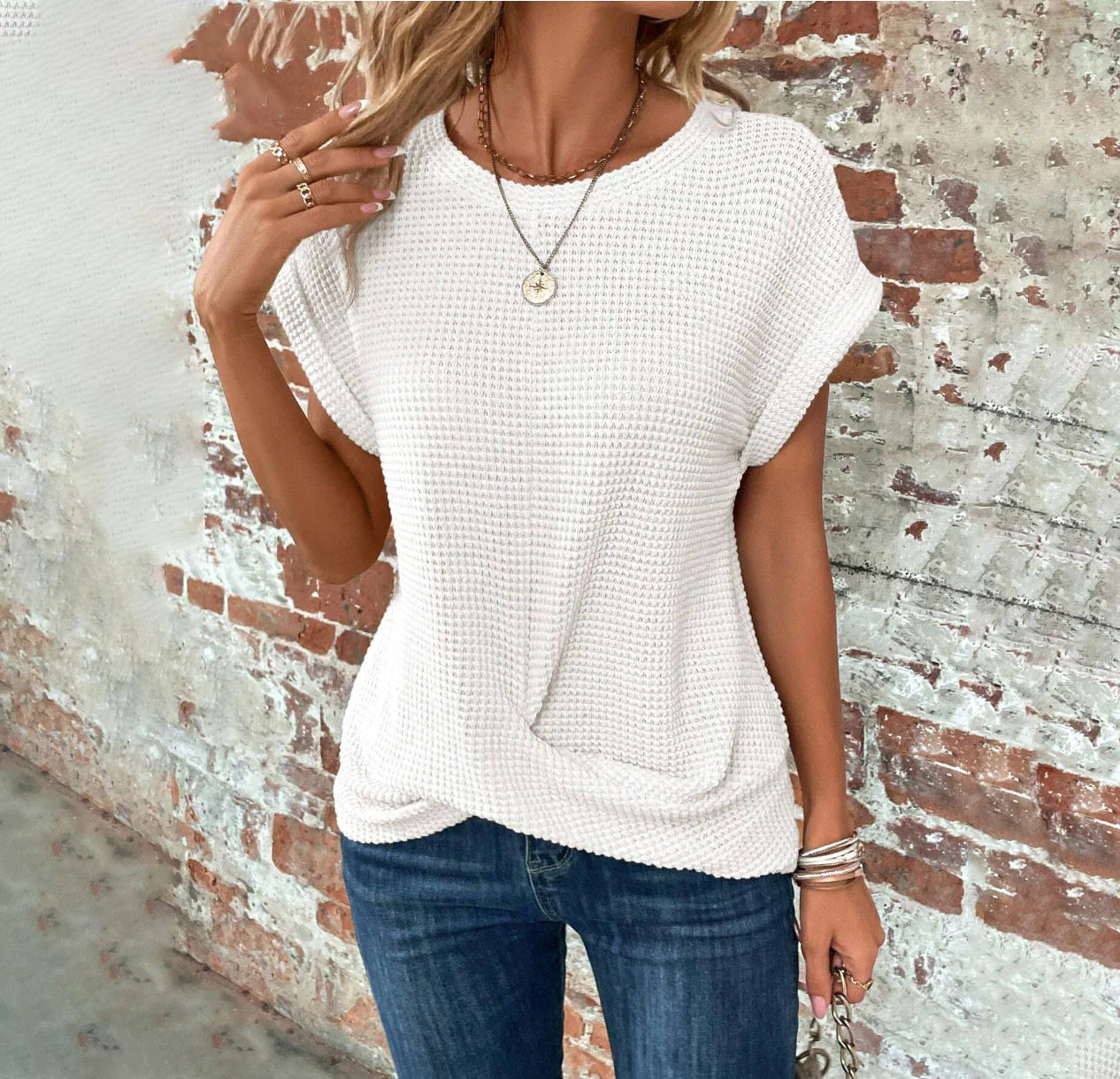 Chic and Comfy: Solid Color Waffle Crew Neck Tee for Women