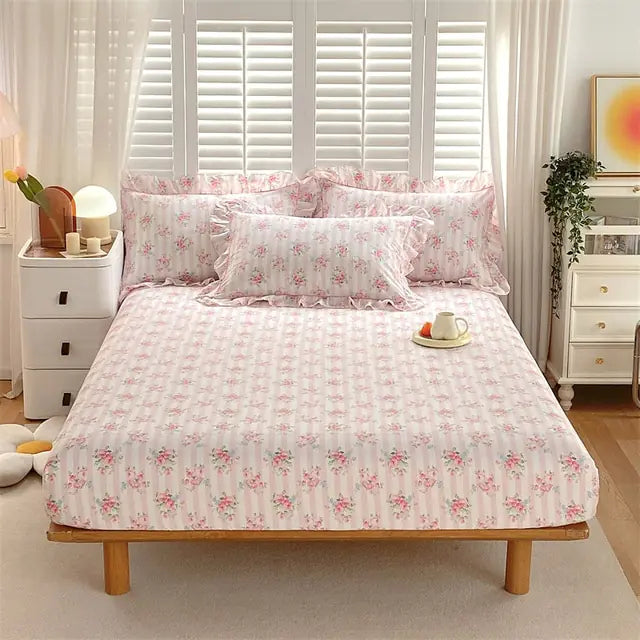 Fitted Sheet Floral Flower Printed Bed Cover Set