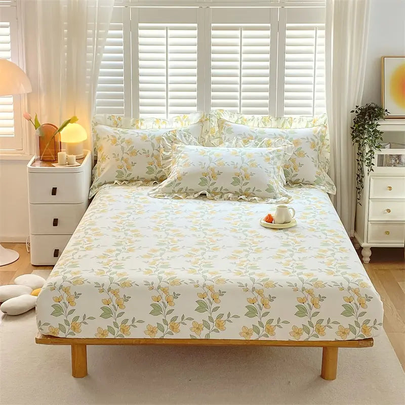 Fitted Sheet Floral Flower Printed Bed Cover Set