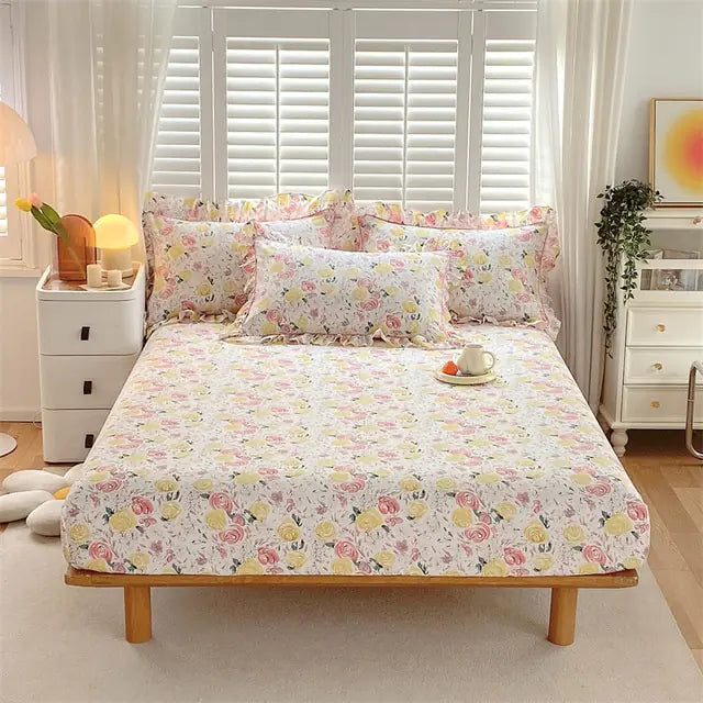 Fitted Sheet Floral Flower Printed Bed Cover Set